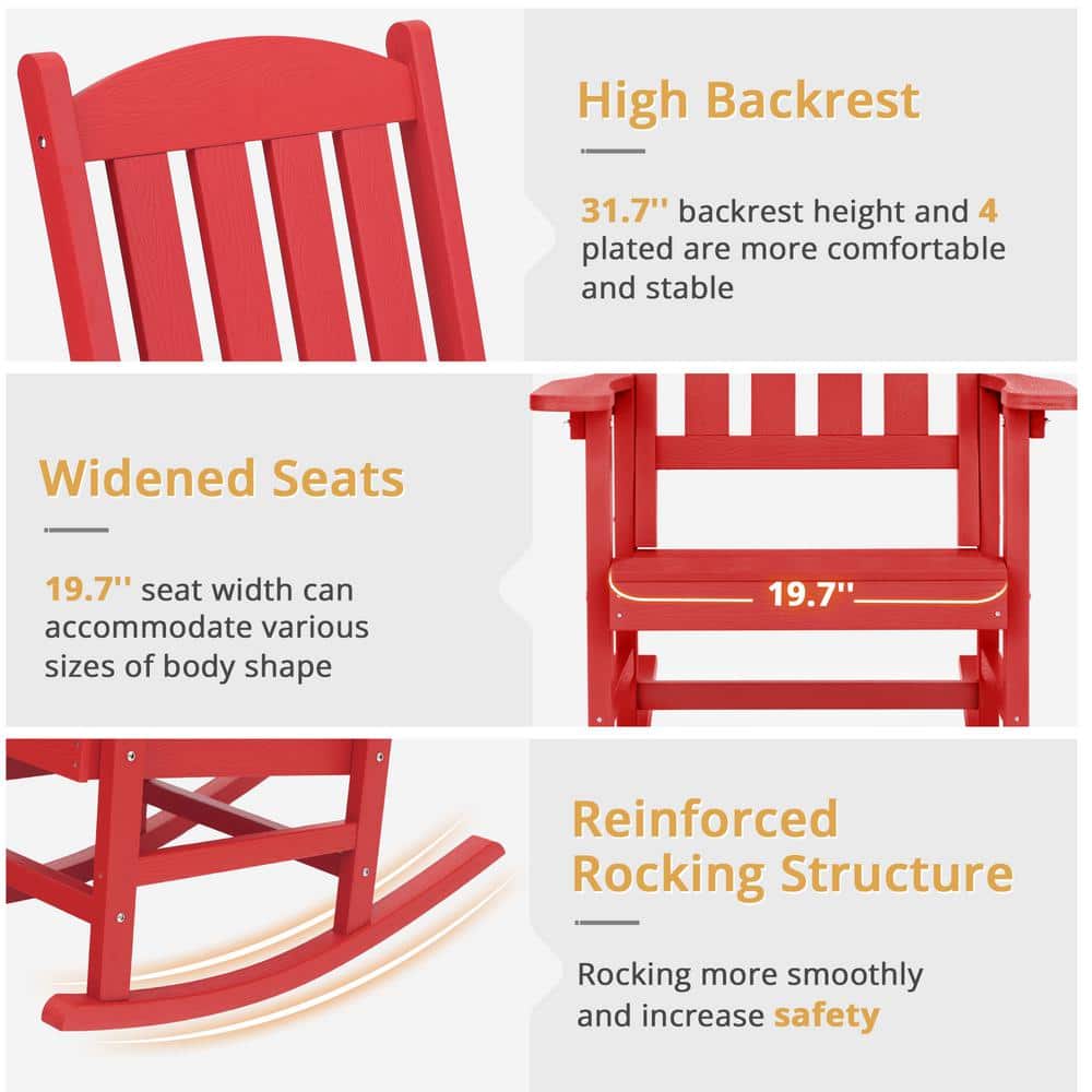 Bright Red HDPE Plastic Adirondack Outdoor Rocking Chairs, Set of 2