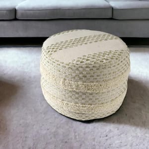 Ivory and Green Fabric Round Accent Ottoman