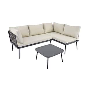 Black Metal Outdoor Chaise Lounge with Cushions and Glass Table 3-Piece L-Shaped PE Rattan Patio Sofa Set for Backyard