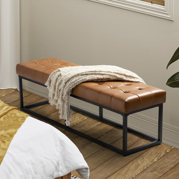 Gabino 60 in. Wide Camel Genuine Leather Bedroom Bench with Metal Base