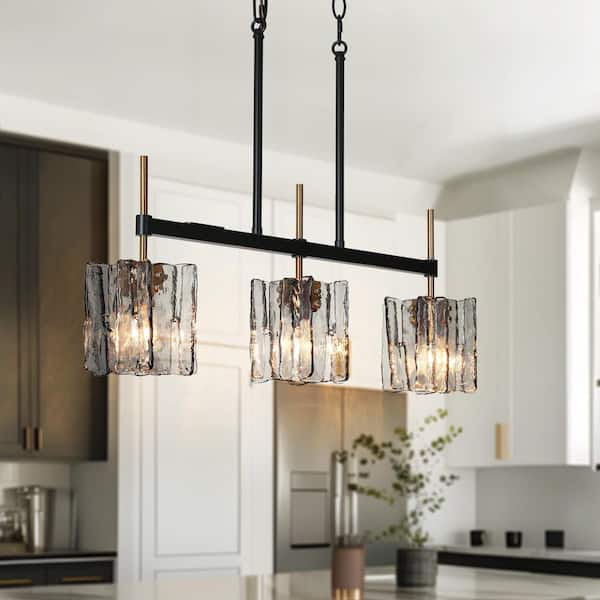 Echonalyri Modern Island 3-Light Glam Matte Black and Plating Brass Chandelier with Geometric Textured Glass Shades