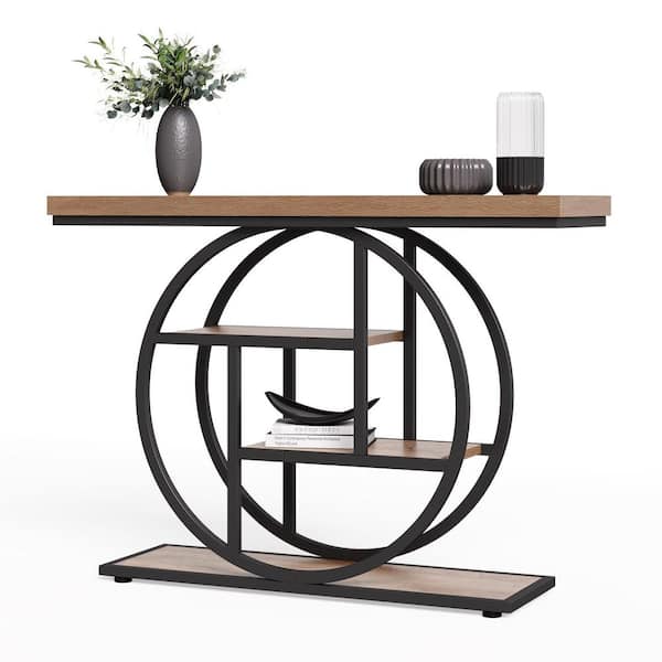 BYBLIGHT Turrella 41.3 in. Oak Rectangle Wood Console Table with Storage Shelves