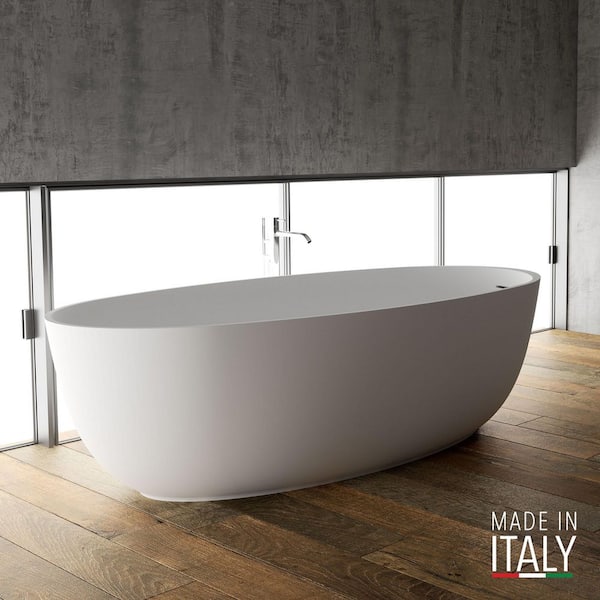 Canali 66.5 in. x 31 in. Freestanding Soaking Oval Bathtub in Matte White epiStone Solid Surface with right drain