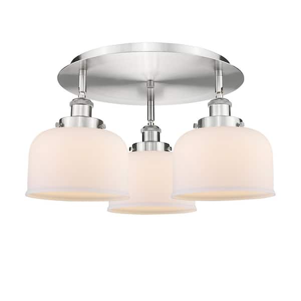 Bell 19.75 in. 3-Light Satin Nickel Art Nouveau Flush Mount with Seeded Glass Shade