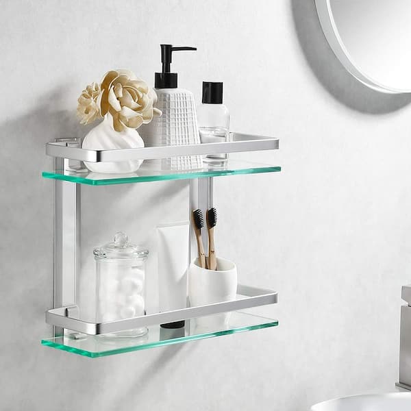 2 x Glass Corner Floating Storage shelves Shelf Bath Shop 