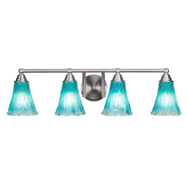 Unbranded Madison 7.25 in. 4-Light Bath Bar, Brushed Nickel, Fluted Teal Crystal Glass Vanity Light
