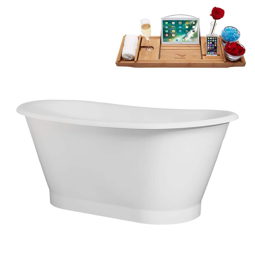 59" Glossy White Acrylic Freestanding Slipper Tub with Matte Black Trim