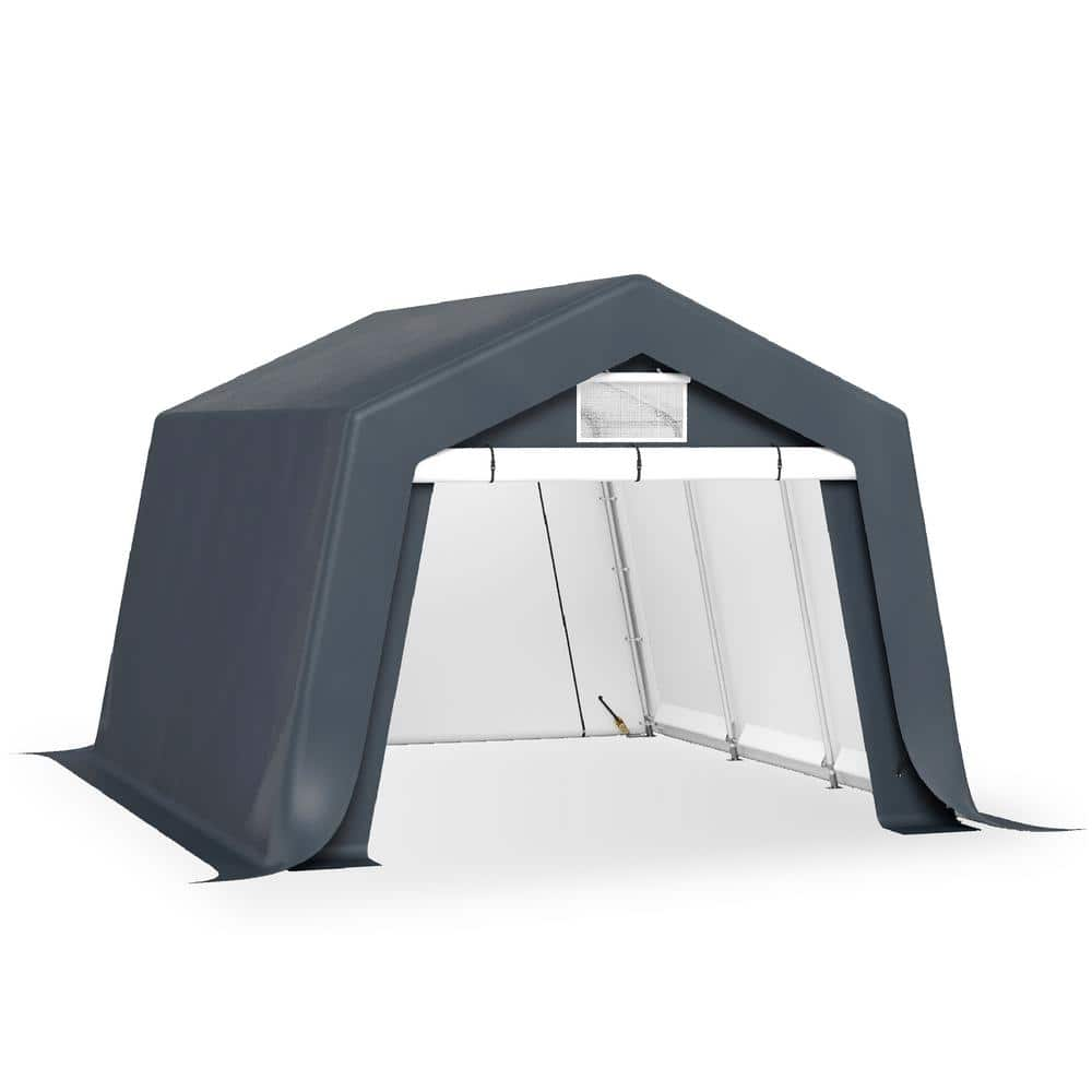 PHI VILLA 12 ft. x 14 ft. x 9.1 ft. Carport Garage Storage Shed with Walls and Doors Galvanized Steel Frame in Gray