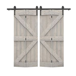 44 in. x 84 in. K Series Solid Core Silver Gray Stained DIY Wood Double Bi-Fold Barn Doors with Sliding Hardware Kit