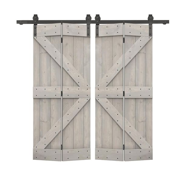 CALHOME 60 in. x 84 in. K-Series Solid Core Silver Gray-Stained DIY Wood Double Bi-Fold Barn Doors with Sliding Hardware Kit