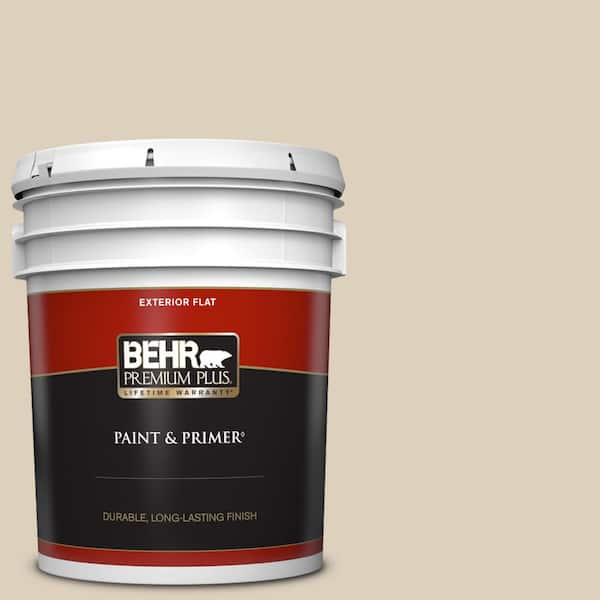 BEHR PREMIUM PLUS 5 gal. #OR-W07 Spanish Sand Flat Exterior Paint & Primer