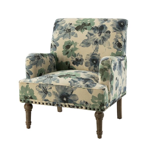 Jayden Creation Latina Blue Floral Patterns Armchair With Nailhead Trim And Turned Solid Wood