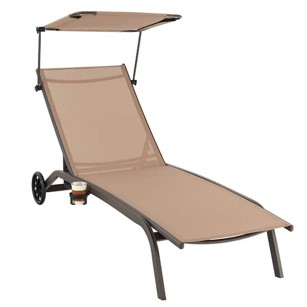 Gymax Patio Chaise Lounge Chair Heavy-Duty Lounger Canopy Cup Holder Wheeled 6-Level