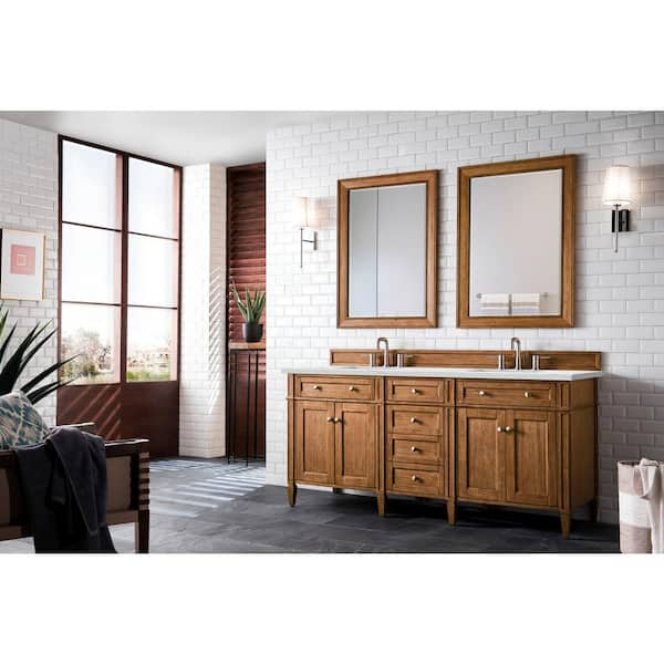 James Martin Vanities Brittany 72.0 in. W x 23.5 in. D x 34 in. H Bathroom Vanity in Saddle Brown with Ethereal Noctis Quartz Top