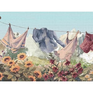 Roll 15 x 9 Sunflowers Daisies Birds Cloudy Skies Retro Wallpaper Border Vintage Design Clothes on Drying Line