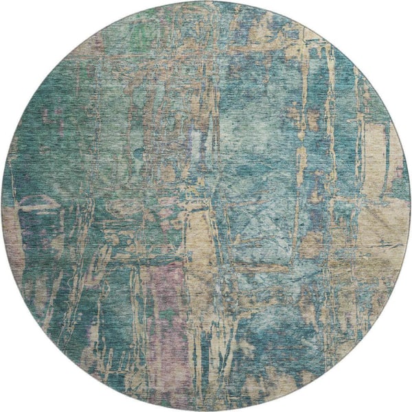 Mayfield Premium Machine Washable Abstract AMF2236 Teal 8 ft. x 8 ft. Round Rug