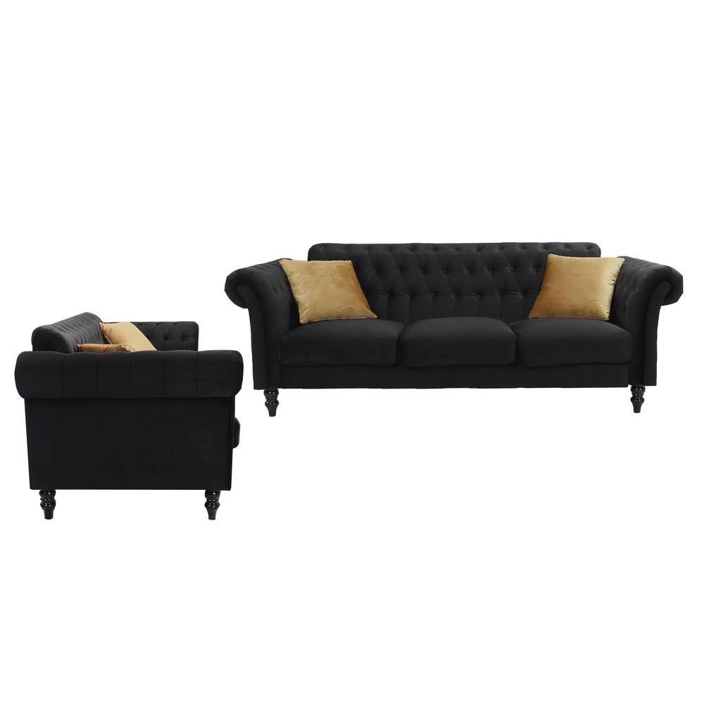 83.8 in. W Rolled Arm Velvet Fabric Classic Straight Tufted 3-Seat Sofa Set in Black -  J&E Home, GD-W223S01561