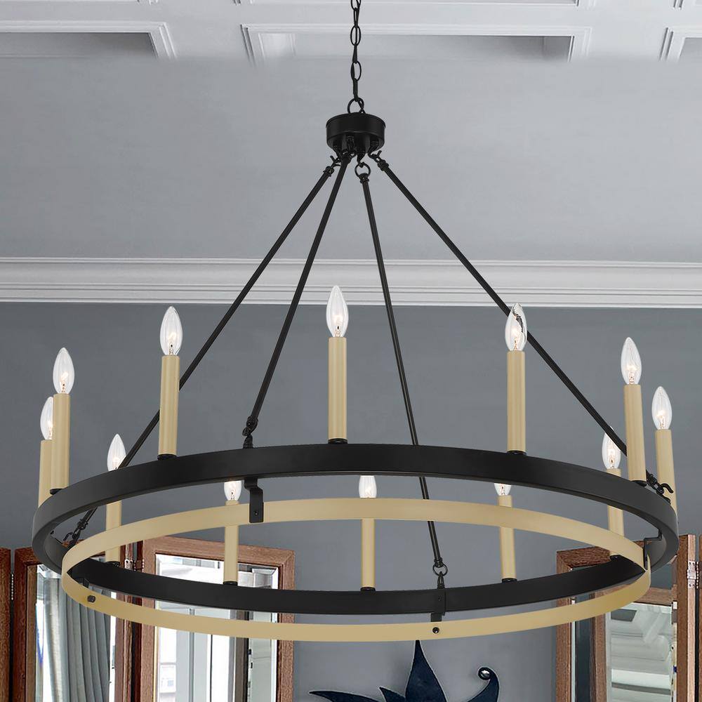 Elegant Black and Gold 12-Light Wagon Wheel Candle Chandelier