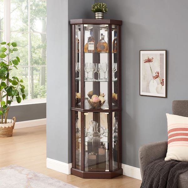 69.85 in. H Cherry Corner Curio Cabinet, Glass Display Cabinet, Bar Glass Storage with LED Lights and Adjustable Shelves
