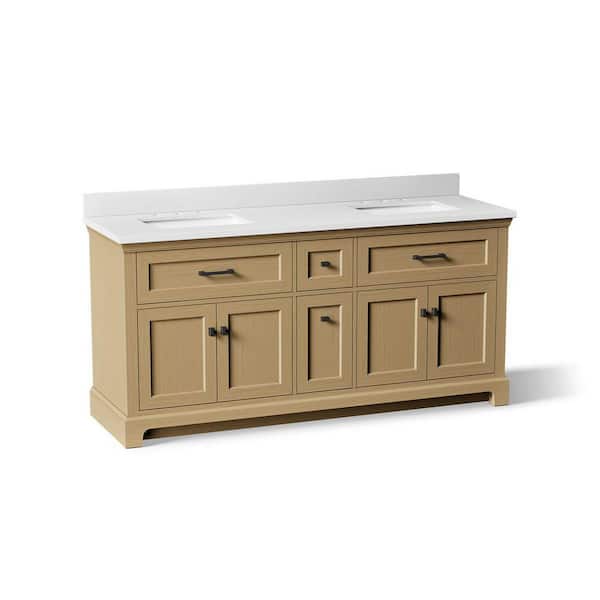 Charlemont 74 in. Double Sink Freestanding Light Oak Bath Vanity with White Quartz Top Assembled