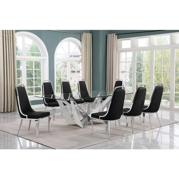 Best Quality Furniture Meryl 9-Piece Rectangular Glass Top Stainless Steel Base Dining Set With 8-Black Velvet Chrome Iron Legs Chairs