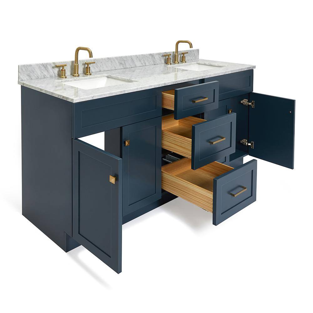 Midnight Blue Double Sink Freestanding Vanity with White Marble Top