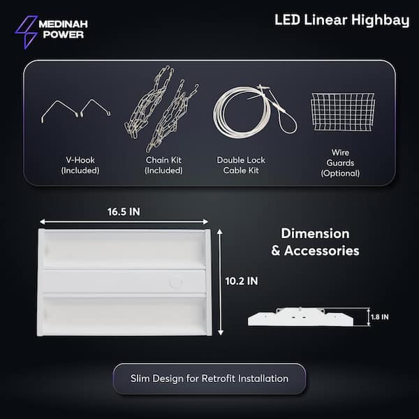 MEDINAH POWER 1.4 ft. 600-Watt Equivalent Integrated LED Dimmable White Linear High Bay Light, 21000 Lumens, 4000K