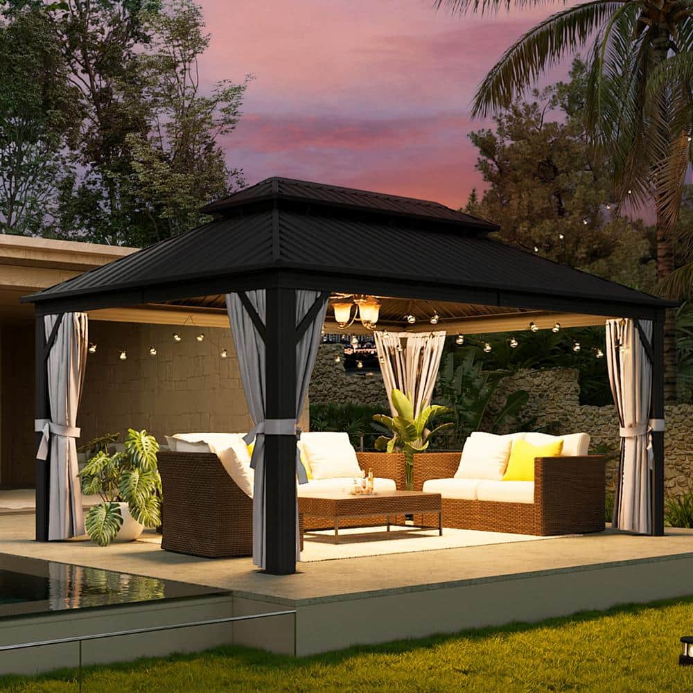 12' x 16' Galvanized Iron and Aluminum Hardtop Gazebo with Curtain and Netting