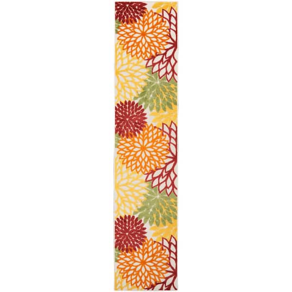 Aloha Red Multi Colored 2 ft. x 12 ft. Kitchen Runner Floral Contemporary Indoor/Outdoor Patio Area Rug