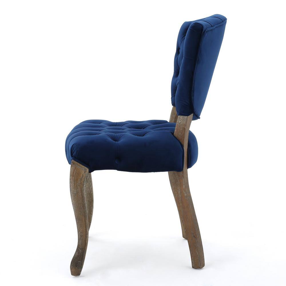 Navy Blue Velvet Upholstered Dining Side Chairs with Natural Rubberwood Legs