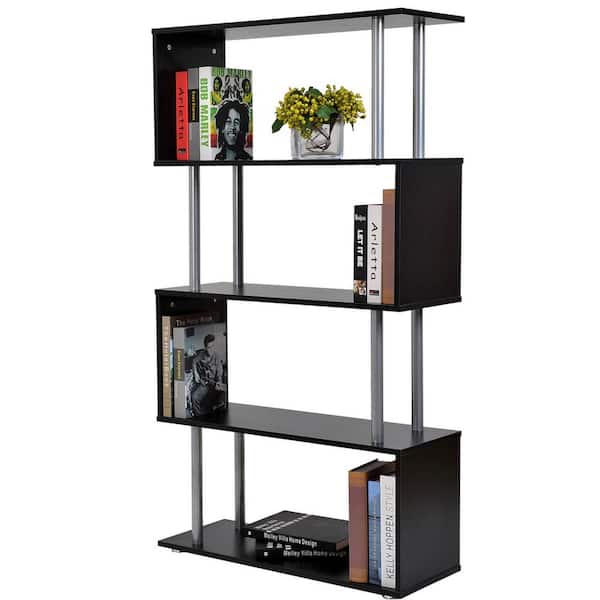 HOMCOM 57.25 in. Black Wood 5-Shelf Display Bookcase with S-Shape