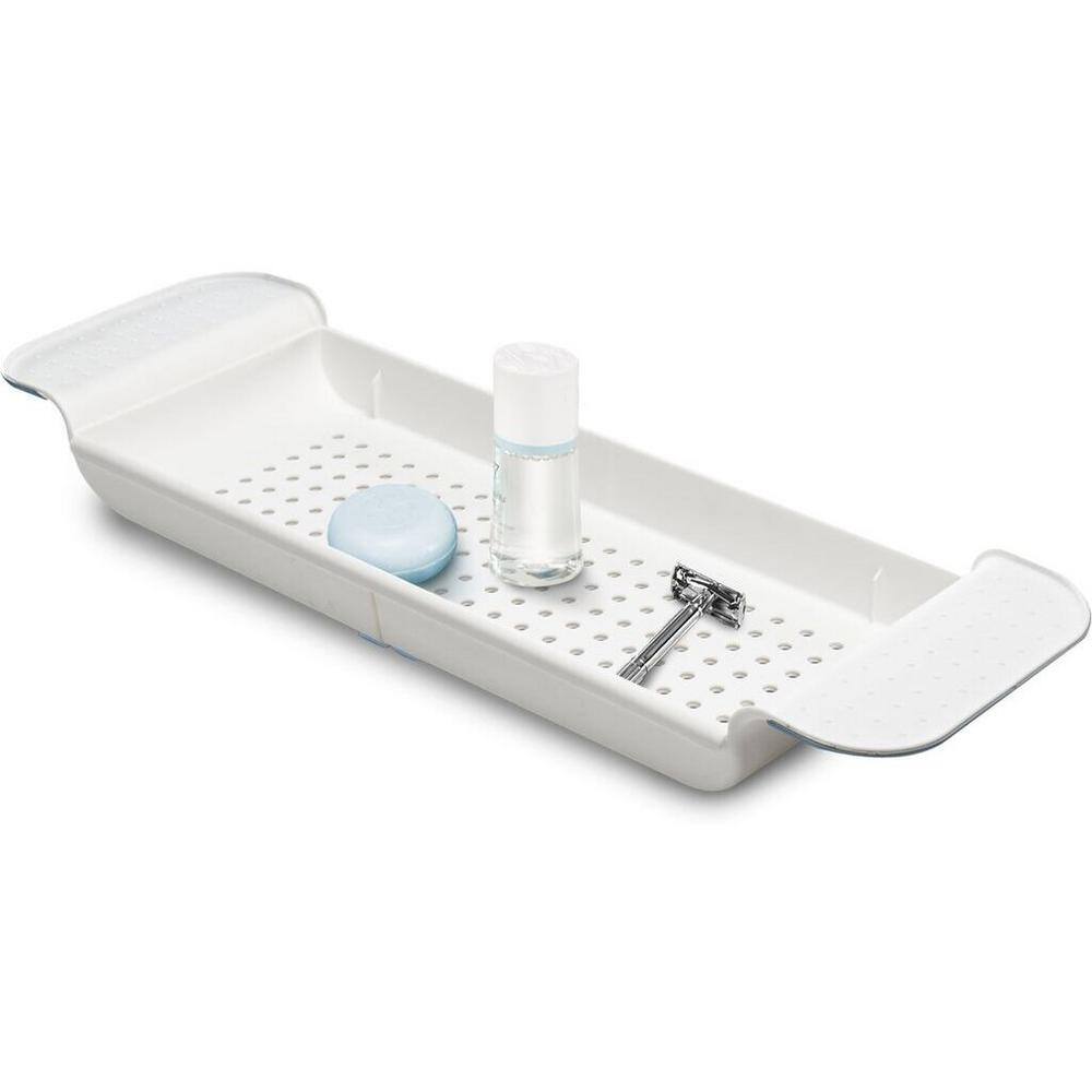 Expandable White and Blue Plastic Bathtub Tray