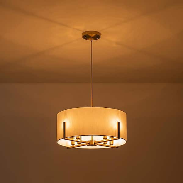 8 Light Gold Modern Traditional Drum Chandelier Hanging Light for Bedroom with White Fabric Shade, No Bulb Included
