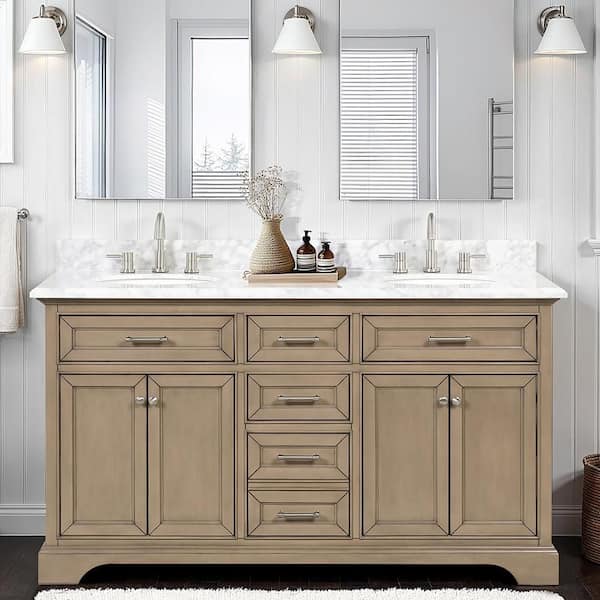 Windlowe 61 in. Double Sink Almond Taupe Bath Vanity with White Carrara Marble Top (Assembled)