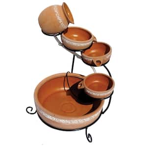 Solar-Powered 5-Tier Cascading Fountain, Terracotta Clay, Self-Contained Water Feature