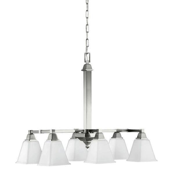 Generation Lighting Denhelm 6-Light Brushed Nickel Island/Billiard Pendant with Inside White Painted Etched Glass