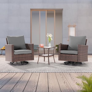 3-Piece Brown Wicker Patio Bistro Set Swivel Rocking Chairs with Side Table, Gray