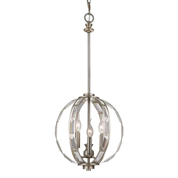 Monteaux Lighting 3-Light Antique Silver Leaf and Crystal Pendant Light Fixture with Globe Shade