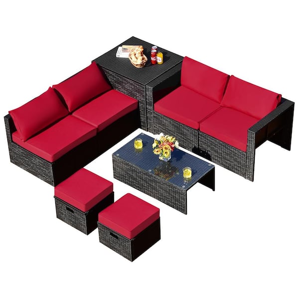Costway 8-Piece Wicker Patio Conversation Set Storage Table Ottoman with Red Cushions