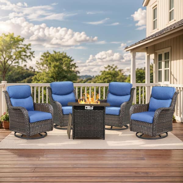 moosprr Luxury 5-Piece Brown Wicker Fire Pit Conversation Set with Olefin Blue Cushions and Swivel Glider Rocking Chairs