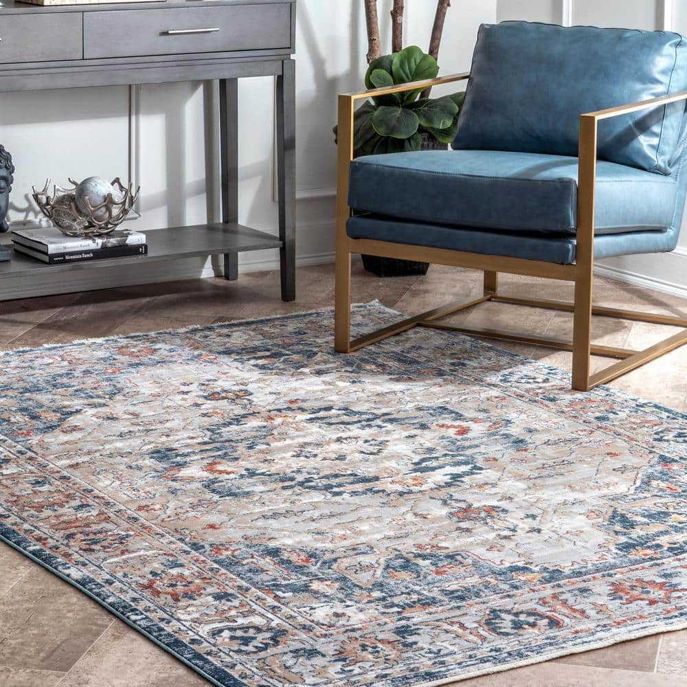 Reversible 6' Square Gray Synthetic Easy-Care Area Rug