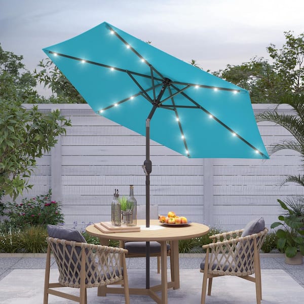 7.5 ft. Solar Lighted LED Patio Market Crank and Tilt Umbrellas, Table Umbrellas,UV-Resistant Canopy in Lake Blue