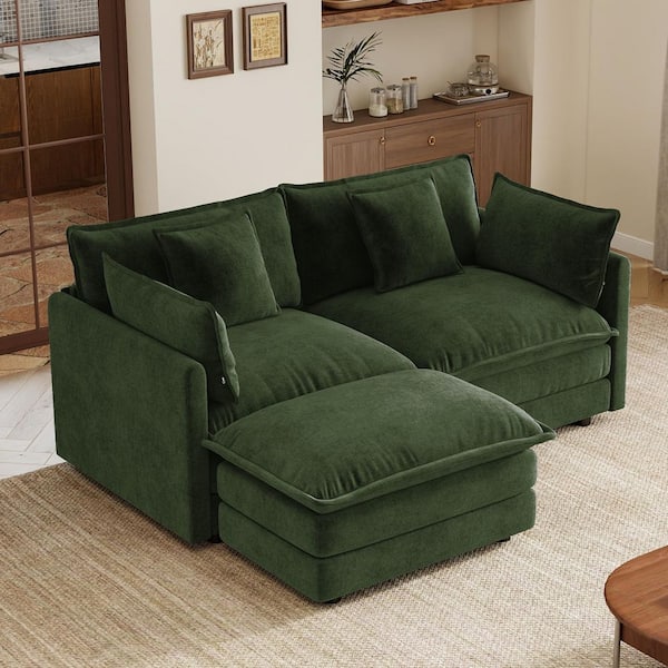 Modern 70.8 in. Square Arms Chenille L-Shaped Sectional Sofa in Green with Ottoman