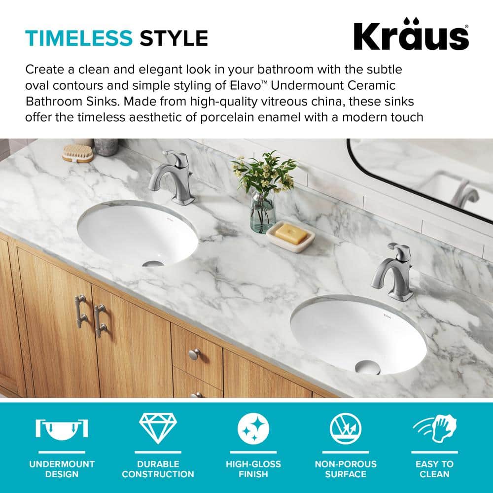 Elavo White Oval Ceramic Undermount Bathroom Sink with Overflow