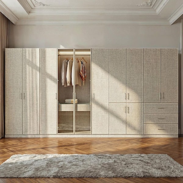 Beige-E Wood 157.5 in. Wardrobe Armoire Set with LED Lighting, 5-Top Shelf Cabinets, 4-Drawers, Hanging Rods