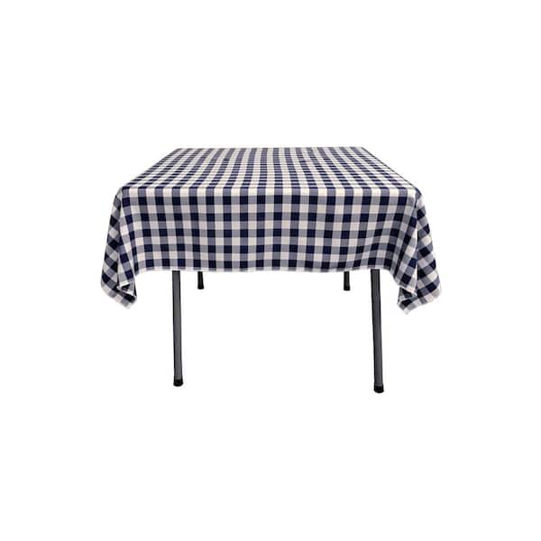 LA Linen 58 in. x 58 in. White and Navy Blue Polyester Gingham Checkered Square Tablecloth