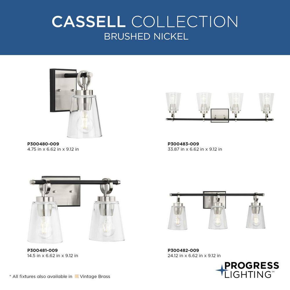 Cassell 2-Light Brushed Nickel and Matte Black Vanity Fixture with Clear Glass Shades