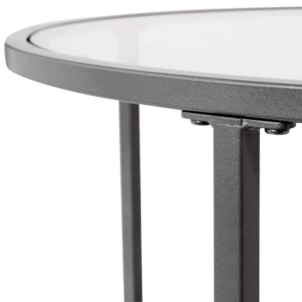 Pewter Round Metal and Glass End Table, 20 Inches