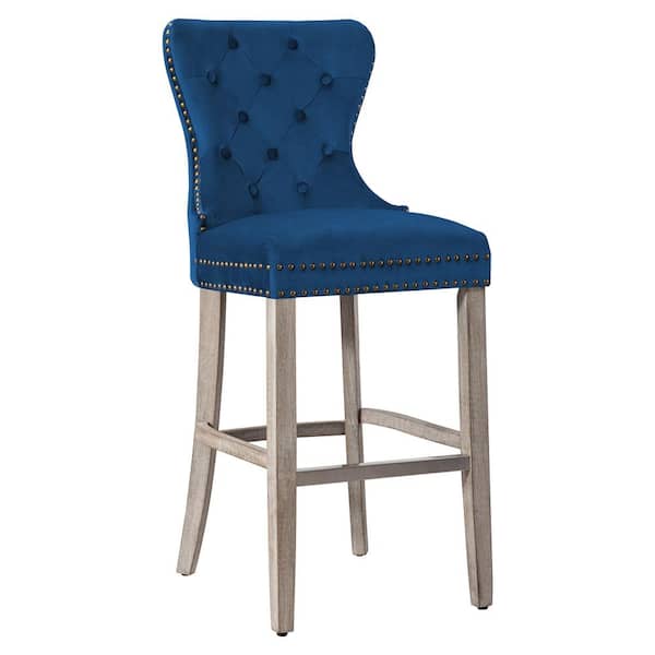 WESTINFURNITURE Harper 29 in. High Back Nail Head Trim Button Tufted Royal Blue Velvet Counter Stool Solid Wood Frame Antique Gray