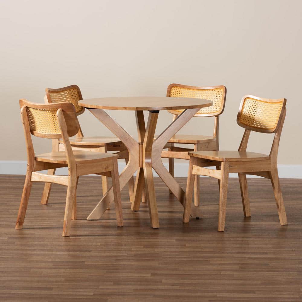 Mid-Century Modern Oak and Rattan 5-Piece Dining Set